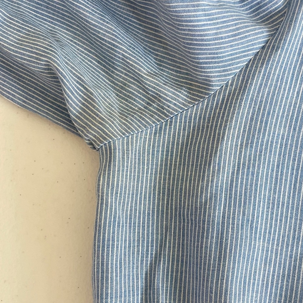 Vintage Pin Stripe Shirt Dress Womens 10 Blue Floral Embroidery Bib Collar 80s - Picture 9 of 13